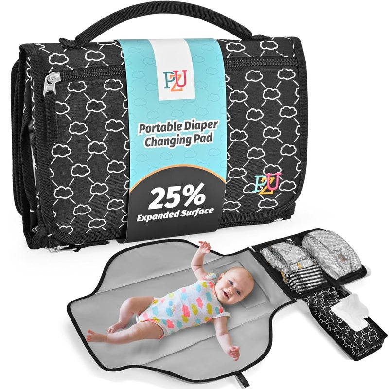 PZU Portable Diaper Changing Pad - Changing Pad Portable with Wipes Pocket, Waterproof Diaper Changing Mat, Portable Changing Pad for Baby, Newborn Gift (Black) - Image 1